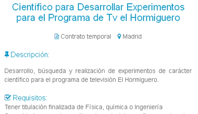 El Hormiguero busca científicos: 1.000 euros a tiempo completo