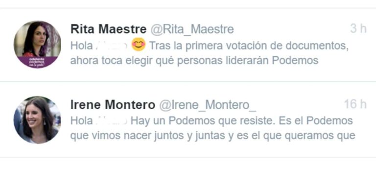 Las cuentas de Rita Maestre e Irene Montero mandaron mensajes automáticos a todos sus seguidores