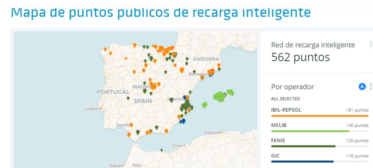 Mapa con  562 terminales públicos de recarga inteligente del vehículo eléctrico
