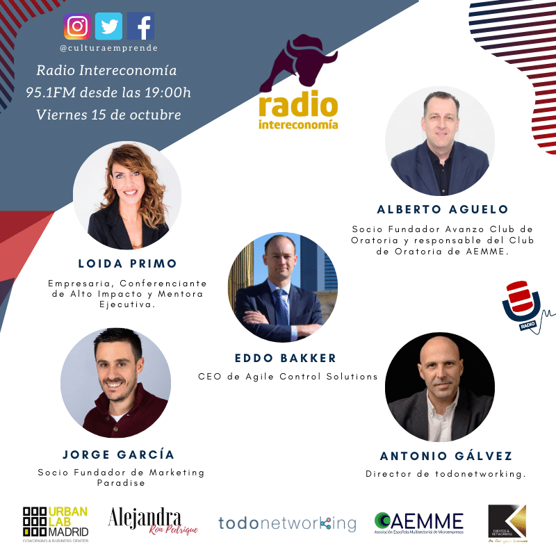 Loida Primo, Conferenciante de Alto Impacto y Mentora Ejecutiva; Alberto Aguelo, socio fundados Avanza Club de Oratoria y responsable del Club de oratorio de AEMME; Eddo Bakker, CEO de Agile control Solutions; Jorge García, socio Fundados de Marketing Paradise y Antoni Gálvez, Director de Todonetworking